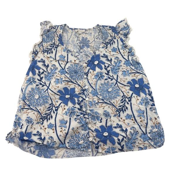 Jennifer Grace Tops - Jennifer Grace Blue Floral Cotton Block Print Smocked Ruffle Lace Blouse M